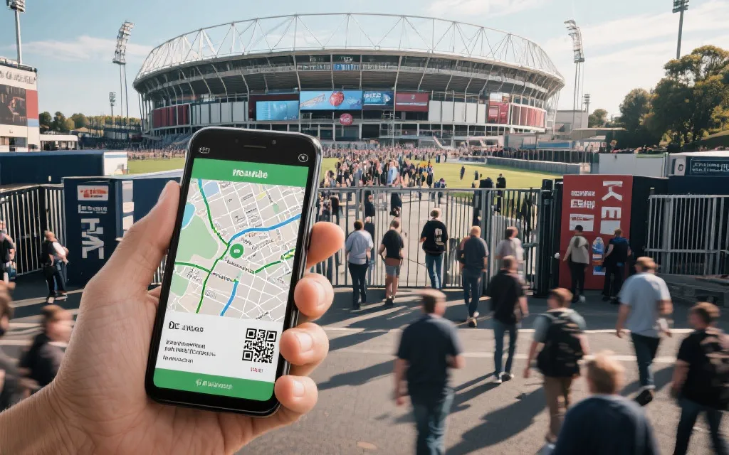 比赛日城市交通与入场流程示意：地图、门票二维码、闸机与人群动线